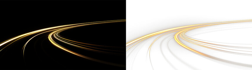 Golden curved lines of light isolated on transparent and black background, showing flowing motion and direction in an abstract scene, light overlay, PNG © tanandaa