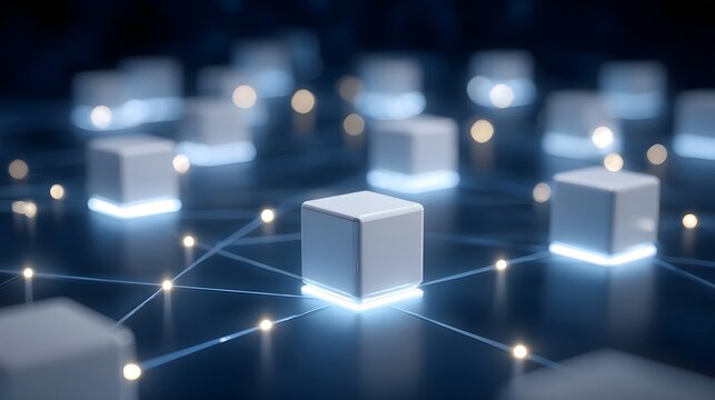 Conceptual visualization of advanced global data networking and interconnected systems using glowing nodes and structured cubes