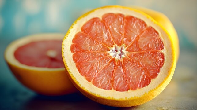 Close-up of a ripe grapefruit half with juice droplets