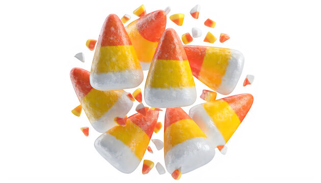 Halloween Colorful candy corn pieces scattered on black background isolated on transparent background