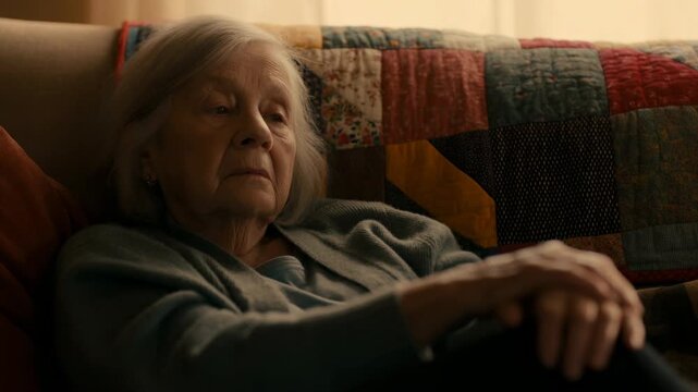 Elderly Lady Relaxes On Comfortable Sofa. Aging Woman In Quiet Reflection During Late Afternoon