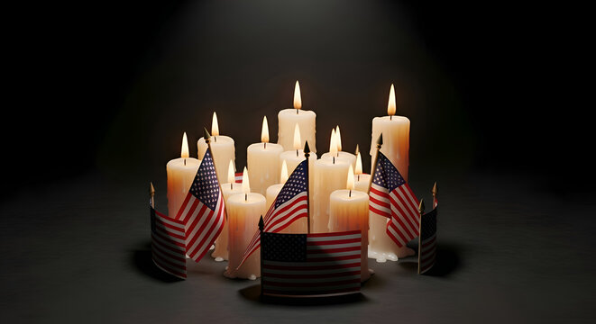 Candles illuminated in a solemn circle with American flags, evoking remembrance and patriotism