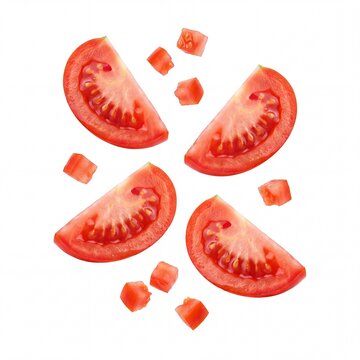 Fresh red tomato wedges and dices flying on white background