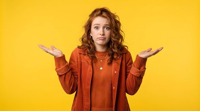 Redhead woman shrugging with confused expression. Young girl gesturing uncertainty or doubt on yellow background. Casual portrait expressing bewilderment and ignorance about something.