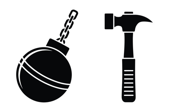 Silhouette of a wrecking ball and a hammer with heavy duty demolition building