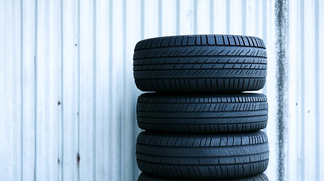 Three stacked car tires on a textured background with copy space

