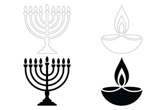 Black silhouette vector illustration of menorah and oil lamp with hanukkah