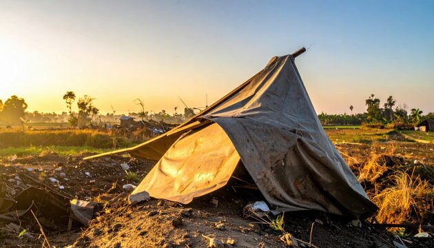 A makeshift shelter constructed from bent metal sheets and weathered fabric stands in a barren landscape at sunset, representing the stark reality of human displacement and survival.