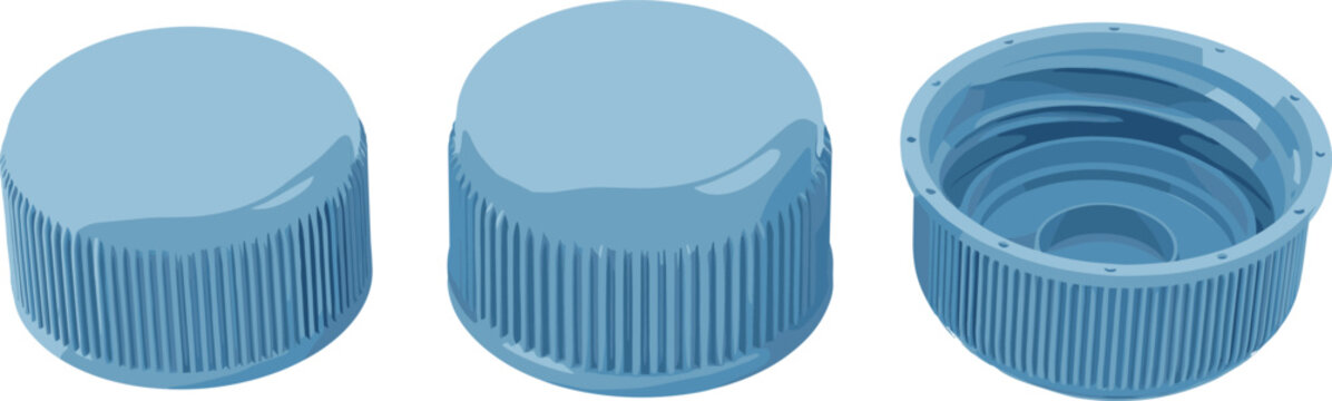 Blue plastic bottle cap collection with closed and open threaded lid views realistic vector illustration
