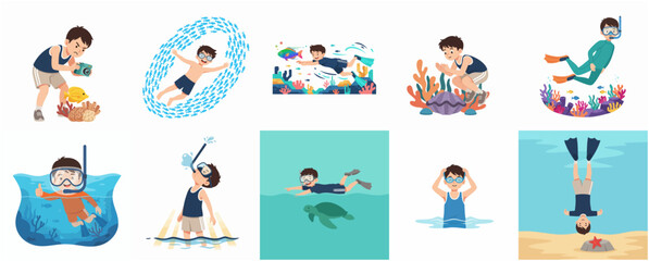 Set of Cartoon Boy Snorkeling and Diving Underwater with Marine Life Illustrations © Haimura