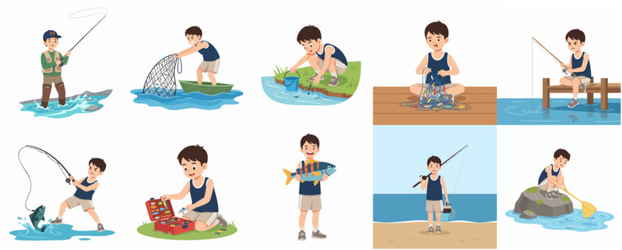 Set of cartoon illustrations of a young boy fishing in various outdoor scenarios, featuring catching fish with a rod and net, preparing gear, and holding a trophy catch.