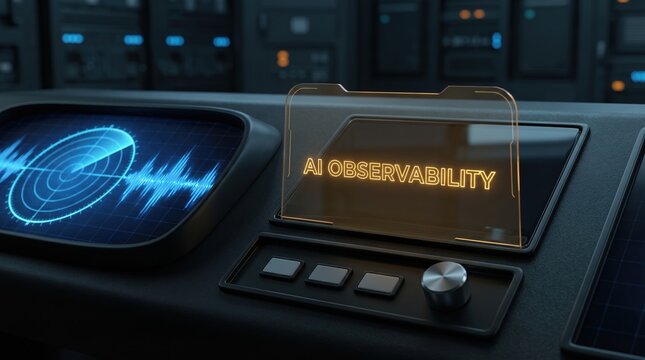 AI Observability Interface on a Futuristic Control Panel with Radar Display and Glowing Text