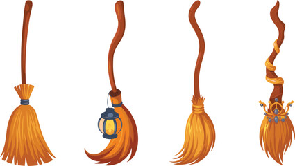Cartoon broomstick designs featuring lantern and ornate enchanted details © Masud