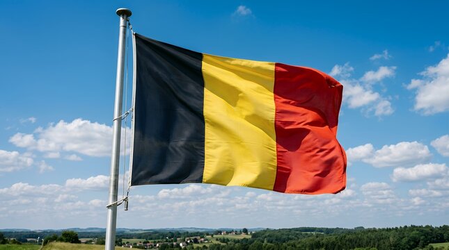 Belgian Flag Waving Against Blue Sky and Clouds