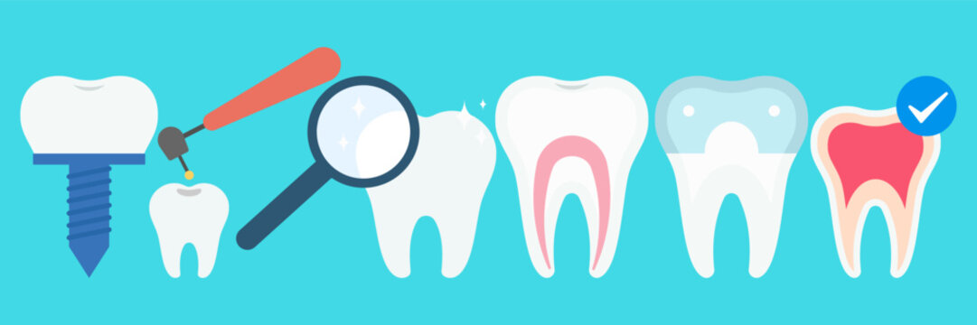 Colorful Flat Style Dental Care and Oral Hygiene Illustration Collection Set on Blue Background