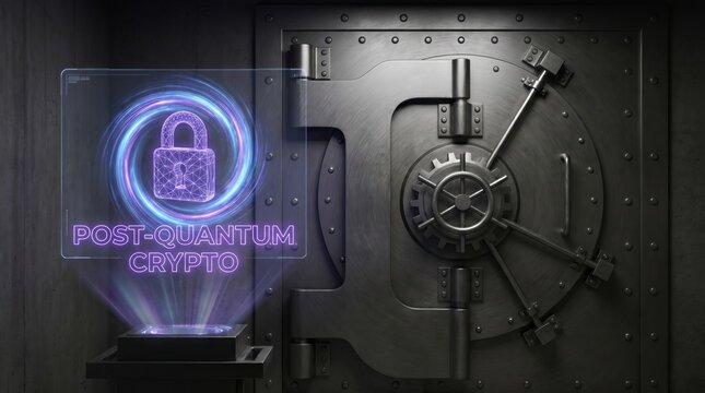 Securing the digital future with post-quantum cryptography, a holographic padlock over a vault door