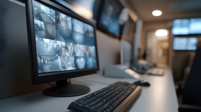 Multi view monitoring display setup in a modern corporate environment symbolizing advanced data analysis and centralized security oversight