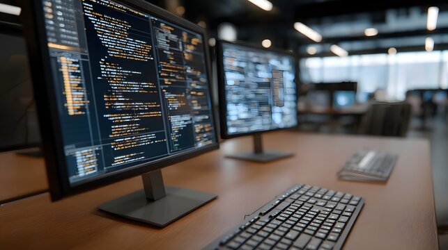 Multiple computer monitors displaying complex lines of code and data streams in a professional modern technological workspace