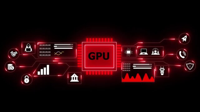 GPU processor powers digital technology. Circuit system supports AI, finance and innovation. Glowing red gpu processor circuit board with digital interface icons for technology finance.