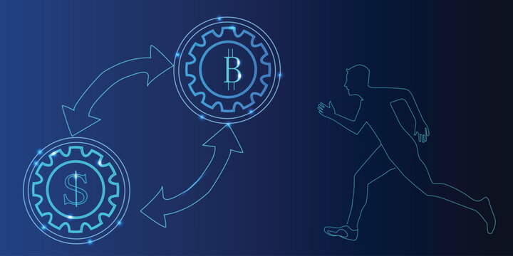 Crypto exchange speed concept with runner silhouette, bitcoin and dollar gear icons and circular arrows on blue neon background, fintech design banner