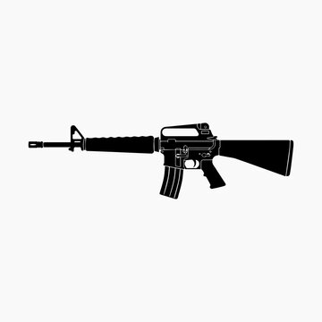 A high-quality black silhouette illustration of the iconic M16A2 assault rifle. This minimalist vector graphic features the classic fixed stock, carry handle, and ribbed handguard, making it perfect f