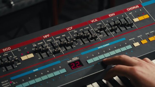 Playing piano vintage retro synthesizer. Close up of man hands playing jazz on the piano. Fingers on the piano, vintage colors. A very close look at a jazz pianist hands. Man playing the piano, close