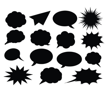 Comic speech bubble and burst shape vector set, cartoon dialogue balloons, explosion bursts, and pop art elements for communication design, comic books, manga, posters, and creative backgrounds