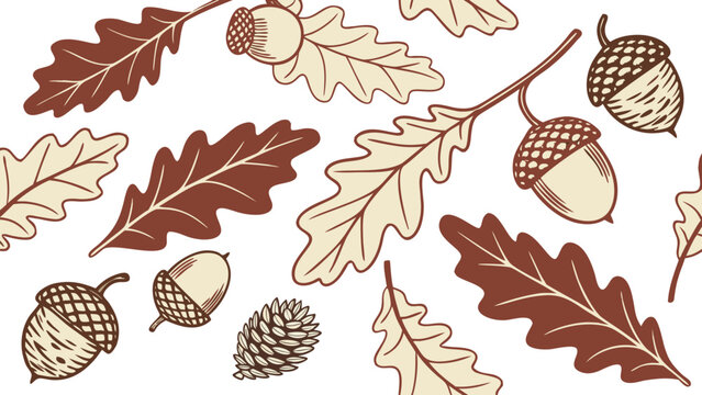 Seamless pattern with hand drawn oak leaves and acorns in autumn forest style