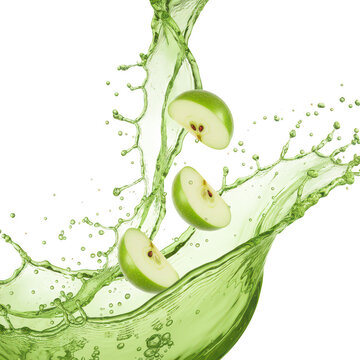 Green apple slices falling into fresh juice splash isolated on a transparent background