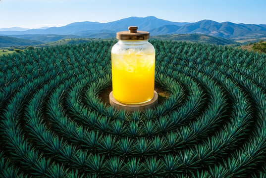 Cenital View of Pineapple Vitrolera in Center of Concentric Agave Mandala.A top-down shot of a yellow glowing jar surrounded by perfectly organized agave plants in a geometric pattern.