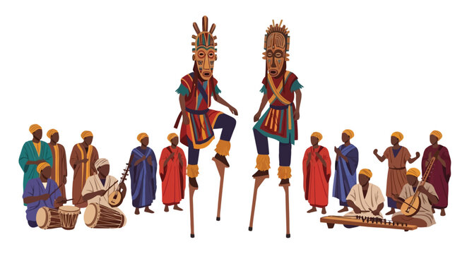 Traditional African dancers on stilts and musicians playing acoustic instruments in cultural attire isolated on white background