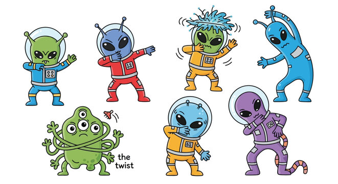 Aliens dancing in various poses and styles illustration isolated on white background