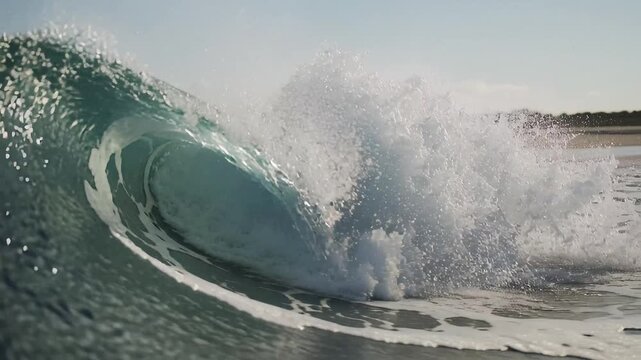 Slow motion ocean wave rolling and breaking, detailed water texture, sunlight highlights, cinematic realism, coastal beach background