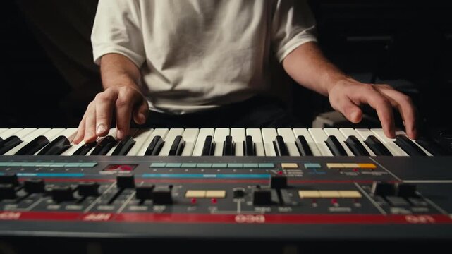 Playing piano vintage retro synthesizer. Close up of man hands playing jazz on the piano. Fingers on the piano, vintage colors. A very close look at a jazz pianist hands. Man playing the piano, close