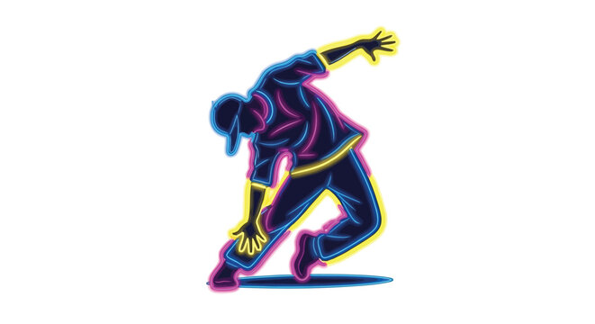 Bboy dancer in neon silhouette performing a freeze move isolated on white background