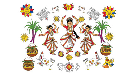 Fototapeta premium Indian classical dancers celebrating Pongal festival with traditional motifs isolated on white background