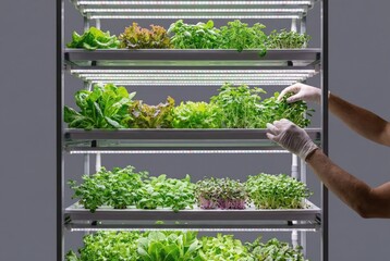 Fototapeta premium Innovative urban gardening with hydroponic system showcasing diverse leafy greens under LED lights emphasizing sustainability and efficient food production techniques