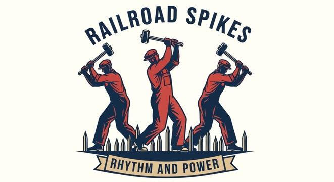 Three railroad workers hammering spikes in rhythmic unison isolated on white background