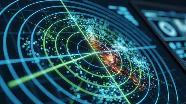 Closeup of a futuristic radar screen displaying complex data and targets.