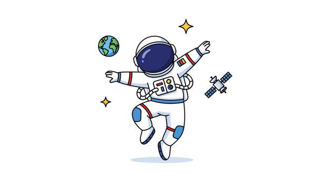 Cartoon astronaut doing dab dance in space with Earth and satellite isolated on white background