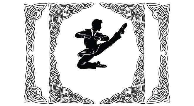 Man in suit performing high kick with celtic knot border isolated on white background