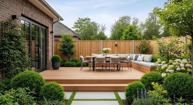 Modern outdoor patio with dining set and lounge chairs