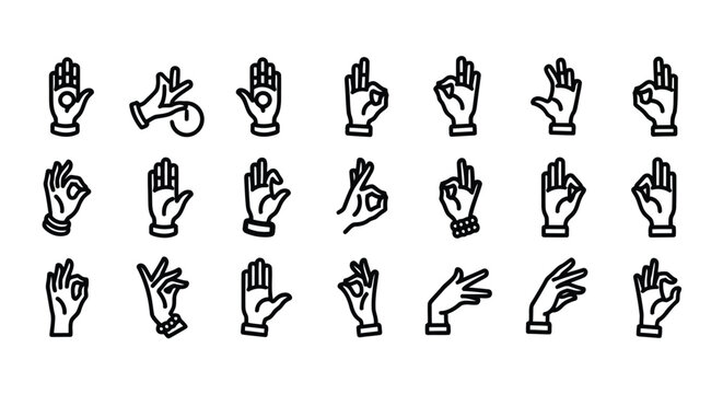 Collection of hand gestures mudras and signs in outline style isolated on white background