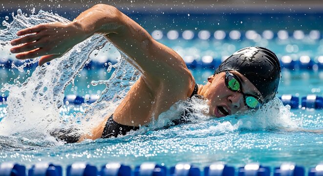 Swimmer competing in a pool race