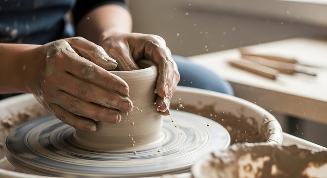 Artisan potter crafting clay bowl on rotating pottery wheel at studio.