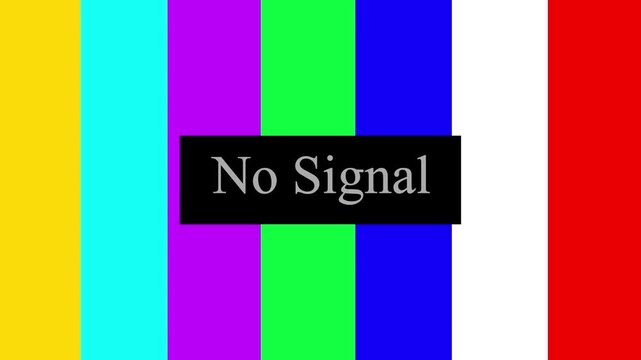 Television test pattern with no signal message.Classic television test pattern displaying no signal message on a colorful background with static and retro aesthetic