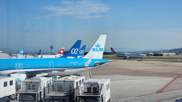 KLM, Air Europa, Swiss Air and Turkish Airlines planes on the ground in the Madrid Barajas Aiport on April 27, 2026 in Madrid, Spain.