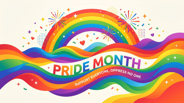 Pride month celebration concept with colorful rainbow waves and festive elements representing diversity equality inclusion and joyful lgbt awareness campaign design