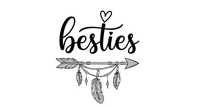 Besties boho typography with arrow and feathers illustration