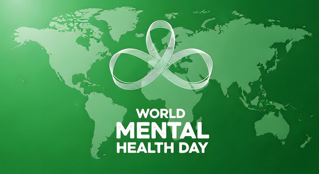 World Mental Health Day text and infinity ribbon symbol on green map background awareness